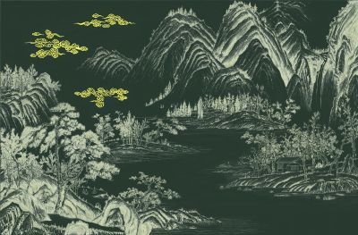 高清新中式亭台楼阁线条肌理<b>背</b><b>景</b><b>墙</b>壁画