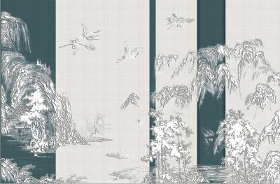 高清新中式亭台楼阁线条肌理<b>背</b><b>景</b><b>墙</b>壁画