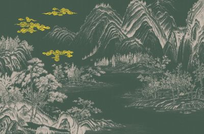 高清新中式亭台楼阁线条肌理<b>背</b><b>景</b><b>墙</b>壁画