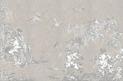 高清新中式亭台楼阁线条肌理<b>背</b><b>景</b><b>墙</b>壁画