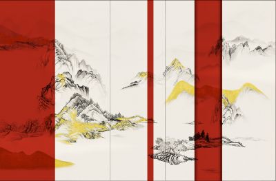 高清新中式亭台楼阁线条肌理<b>背</b><b>景</b><b>墙</b>壁画