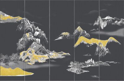 高清新中式亭台楼阁线条肌理<b>背</b><b>景</b><b>墙</b>壁画