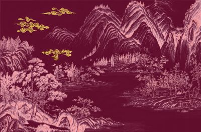 高清新中式亭台楼阁线条肌理<b>背</b><b>景</b><b>墙</b>壁画