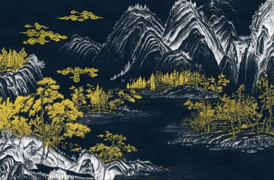 高清新中式亭台楼阁线条肌理<b>背</b><b>景</b><b>墙</b>壁画