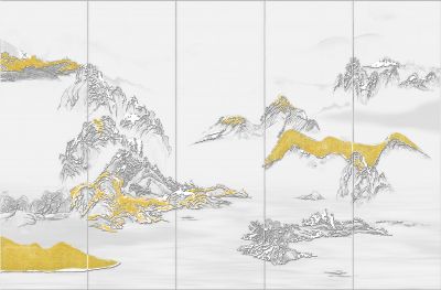 高清新中式亭台楼阁线条肌理<b>背</b><b>景</b><b>墙</b>壁画