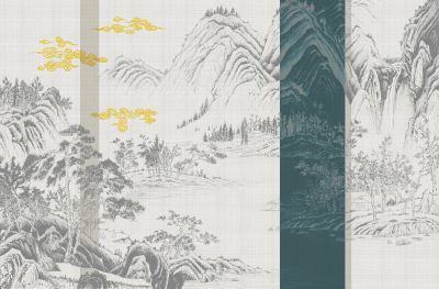 高清新中式亭台楼阁线条肌理<b>背</b><b>景</b><b>墙</b>壁画