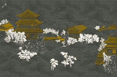高清新中式亭台楼阁线条肌理<b>背</b><b>景</b><b>墙</b>壁画