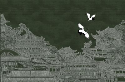 高清新中式亭台楼阁线条肌理<b>背</b><b>景</b><b>墙</b>壁画