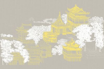 高清新中式亭台楼阁线条肌理<b>背</b><b>景</b><b>墙</b>壁画