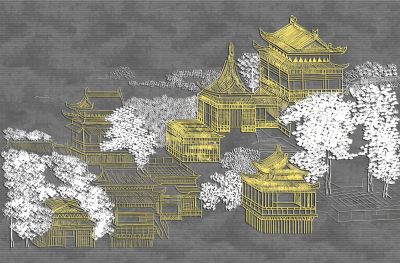 高清新中式亭台楼阁线条肌理<b>背</b><b>景</b><b>墙</b>壁画