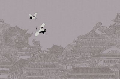 高清新中式亭台楼阁线条肌理<b>背</b><b>景</b><b>墙</b>壁画