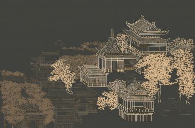 高清新中式亭台楼阁线条肌理<b>背</b><b>景</b><b>墙</b>壁画
