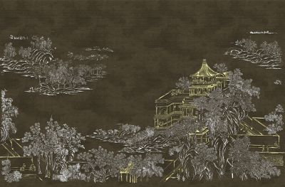 高清新中式亭台楼阁线条肌理<b>背</b><b>景</b><b>墙</b>壁画