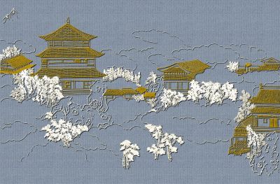 高清新中式亭台楼阁线条肌理<b>背</b><b>景</b><b>墙</b>壁画