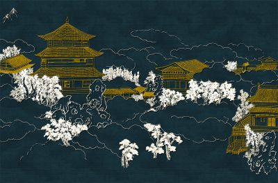 高清新中式亭台楼阁线条肌理<b>背</b><b>景</b><b>墙</b>壁画