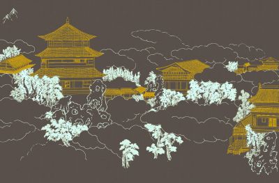 高清新中式亭台楼阁线条肌理<b>背</b><b>景</b><b>墙</b>壁画