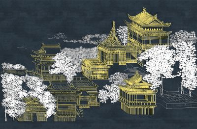 高清新中式亭台楼阁线条肌理<b>背</b><b>景</b><b>墙</b>壁画