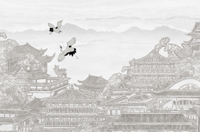 高清新中式亭台楼阁线条肌理<b>背</b><b>景</b><b>墙</b>壁画