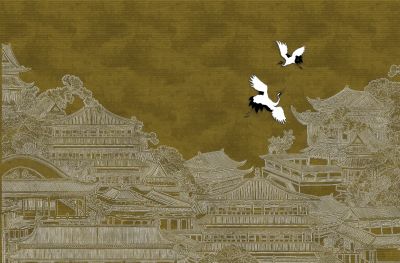 高清新中式亭台楼阁线条肌理<b>背</b><b>景</b><b>墙</b>壁画