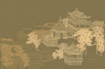 高清新中式亭台楼阁线条肌理<b>背</b><b>景</b><b>墙</b>壁画