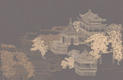 高清新中式亭台楼阁线条肌理<b>背</b><b>景</b><b>墙</b>壁画