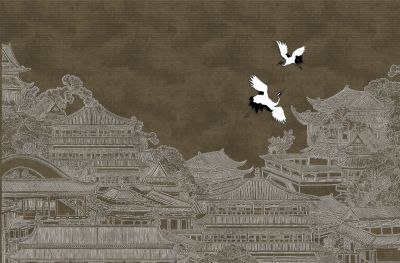 高清新中式亭台楼阁线条肌理<b>背</b><b>景</b><b>墙</b>壁画
