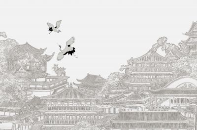 高清新中式亭台楼阁线条肌理<b>背</b><b>景</b><b>墙</b>壁画