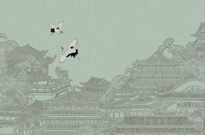 高清新中式亭台楼阁线条肌理<b>背</b><b>景</b><b>墙</b>壁画