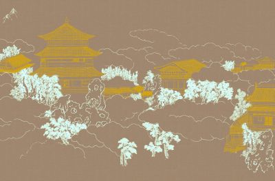 高清新中式亭台楼阁线条肌理<b>背</b><b>景</b><b>墙</b>壁画