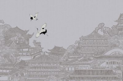高清新中式亭台楼阁线条肌理<b>背</b><b>景</b><b>墙</b>壁画