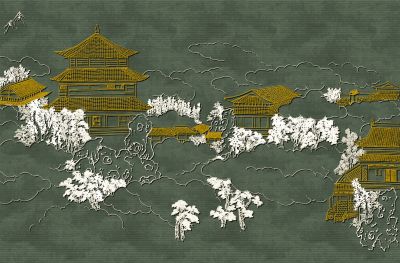 高清新中式亭台楼阁线条肌理<b>背</b><b>景</b><b>墙</b>壁画