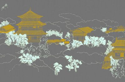 高清新中式亭台楼阁线条肌理<b>背</b><b>景</b><b>墙</b>壁画