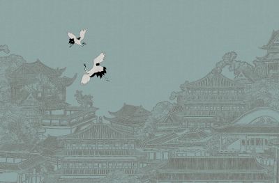 高清新中式亭台楼阁线条肌理<b>背</b><b>景</b><b>墙</b>壁画