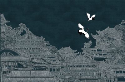 高清新中式亭台楼阁线条肌理<b>背</b><b>景</b><b>墙</b>壁画