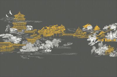 高清新中式亭台楼阁线条肌理<b>背</b><b>景</b><b>墙</b>壁画