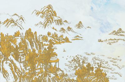 高清新中式亭台楼阁线条肌理<b>背</b><b>景</b><b>墙</b>壁画