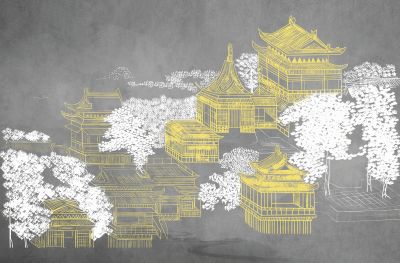 高清新中式亭台楼阁线条肌理<b>背</b><b>景</b><b>墙</b>壁画