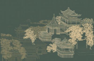 高清新中式亭台楼阁线条肌理<b>背</b><b>景</b><b>墙</b>壁画