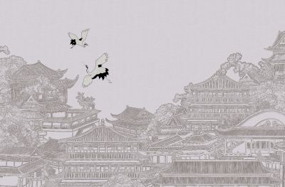 高清新中式亭台楼阁线条肌理<b>背</b><b>景</b><b>墙</b>壁画