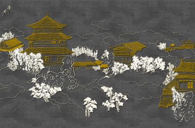 高清新中式亭台楼阁线条肌理<b>背</b><b>景</b><b>墙</b>壁画