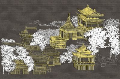 高清新中式亭台楼阁线条肌理<b>背</b><b>景</b><b>墙</b>壁画