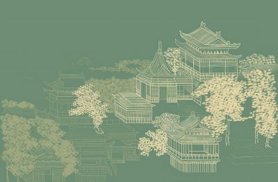 高清新中式亭台楼阁线条肌理<b>背</b><b>景</b><b>墙</b>壁画