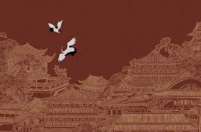 高清新中式亭台楼阁线条肌理<b>背</b><b>景</b><b>墙</b>壁画