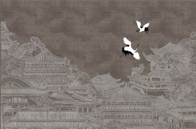 高清新中式亭台楼阁线条肌理<b>背</b><b>景</b><b>墙</b>壁画