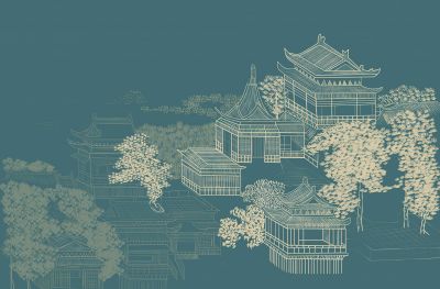 高清新中式亭台楼阁线条肌理<b>背</b><b>景</b><b>墙</b>壁画
