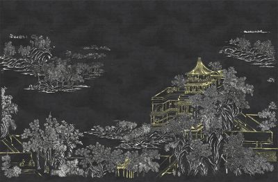 高清新中式亭台楼阁线条肌理<b>背</b><b>景</b><b>墙</b>壁画