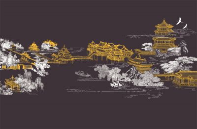 高清新中式亭台楼阁线条肌理<b>背</b><b>景</b><b>墙</b>壁画