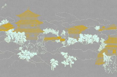 高清新中式亭台楼阁线条肌理<b>背</b><b>景</b><b>墙</b>壁画