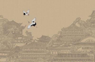 高清新中式亭台楼阁线条肌理<b>背</b><b>景</b><b>墙</b>壁画