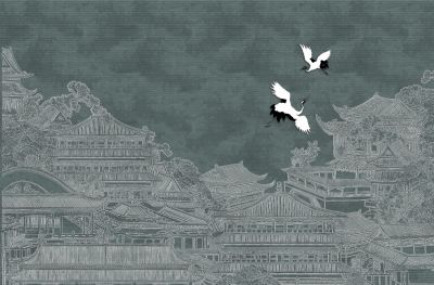 高清新中式亭台楼阁线条肌理<b>背</b><b>景</b><b>墙</b>壁画